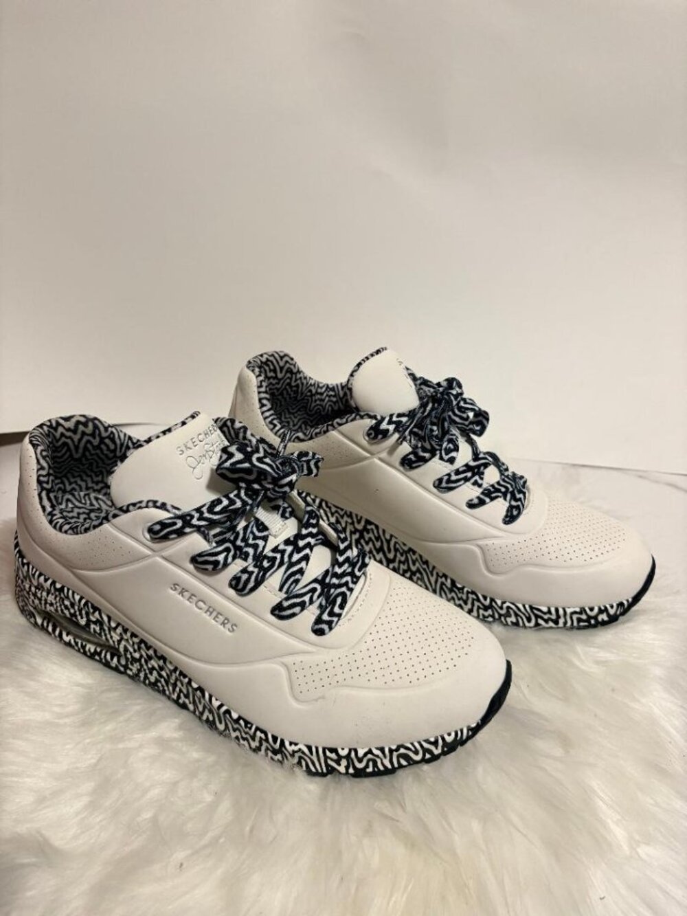 Skechers x Jen Stark White Platform Sneakers Abstract Print Excellent Pre-Owned